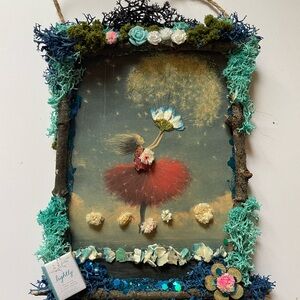 Enchanting Blue and Red Fairy Ocean dandelion make a wish moss wall hanging